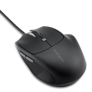 Kensington MY435 EQ wired mouse in matte black with its cable, angled to show the grey scroll wheel and thumb buttons