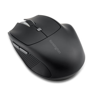 Kensington MY435 EQ wireless rechargeable mouse in matte black, angled view showing the grey scroll wheel and two grey thumb buttons