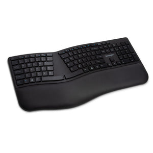 Kensington Pro Fit Ergo Wireless Keyboard in black, angled view of the split, sloped layout and wrist rest