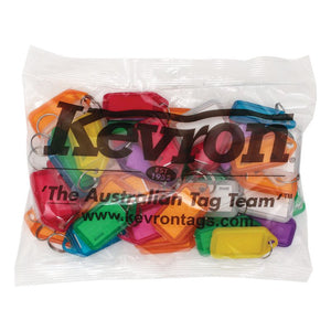 Kevron ID5 key tags assorted bag of 50, sealed clear poly bag printed with the Kevron logo filled with mixed colour click-open key tags, each with a metal ring attached