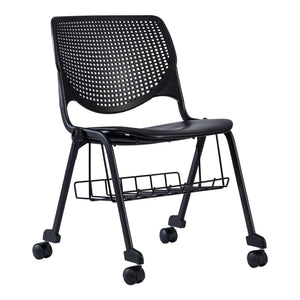 Black Konfurb Keen chair with the black steel under seat basket fitted between its legs, front angle on a white background