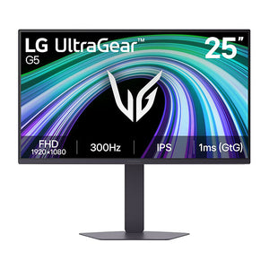 Front view of the LG 25G550F-B 24.5-inch Full HD IPS gaming monitor in black showing the display and stand on a white background