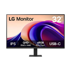 Front view of the LG 32U631A-B 32-inch QHD IPS monitor with USB-C showing the display and stand on a white background