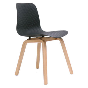 Rapidline Lucid breakout chair with a textured black shell on a four leg light oak timber base, shown from a front angle.