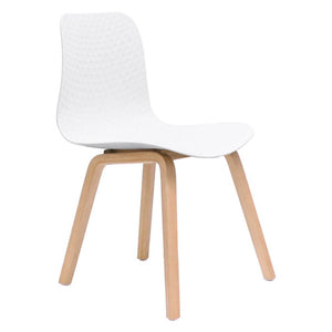 Rapidline Lucid breakout chair with a textured white shell on a four leg light oak timber base, shown from a front angle.