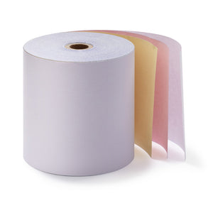 Lafayette 3-P76 three ply carbonless register roll with the loose end fanned out to show a white top sheet followed by yellow and pink copy sheets