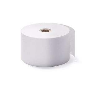 Lafayette L-F44x76 one ply bond paper roll, a short wide white roll on a brown card core with a strip of paper unrolled at the back
