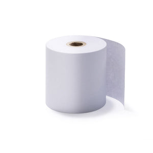Lafayette L-F57 one ply bond paper register roll, a square profile white roll on a brown card core with the paper tail curling behind it