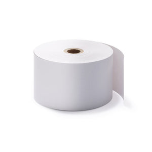 Lafayette TH44x76 thermal paper roll, a short wide white roll on a brown card core with a curl of receipt paper trailing behind it