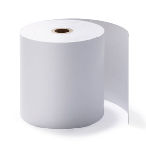 Lafayette TH76 thermal register roll, a wide white 76mm roll with a brown cardboard core and a long tail of paper curling away to the right, on white