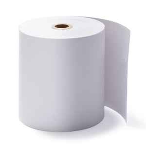 Lafayette 80 x 80mm thermal receipt roll, code TH80, a large white roll on a brown cardboard core with a long paper tail, on a white background