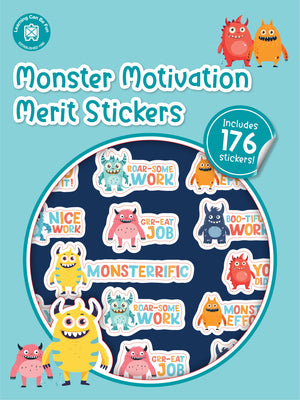 Monster Motivation merit sticker book cover showing colourful friendly monster characters with playful praise wording.