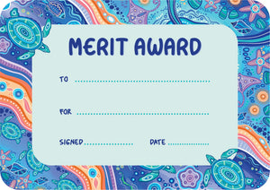 Ocean Country A5 merit award certificate showing First Nations artwork by Holly Sanders in ocean tones with blank fields for the student name and date.