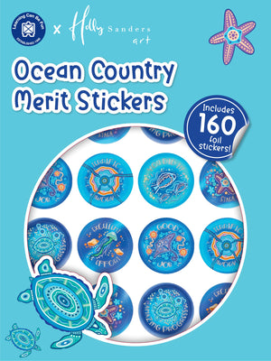 Ocean Country merit sticker book cover showing round foil stickers carrying First Nations artwork by Holly Sanders in ocean tones.