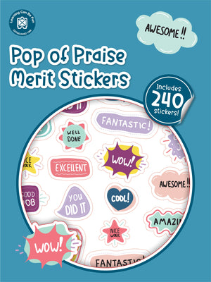 Pop of Praise merit sticker book cover showing round stickers in neutral tones with short positive phrases.