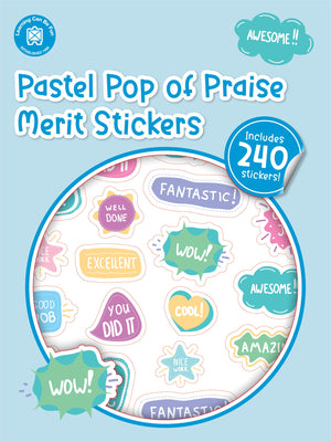 Pop of Praise Pastel merit sticker book cover, showing pastel coloured stickers with short praise phrases arranged across the front.