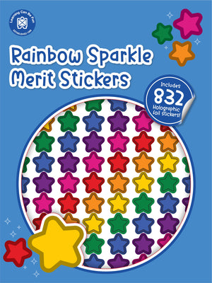 Rainbow Sparkle merit sticker book cover showing sheets of small glittery star stickers in a full range of rainbow colours.