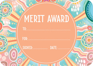 Sacred Country A5 merit award certificate showing First Nations artwork by Holly Sanders in warm earth tones with blank fields for the student name and date.