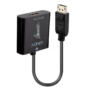 Lindy DisplayPort 1.2 to HDMI 2.0 18G Active Converter, black housing marked Monitor with the DisplayPort plug alongside