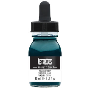 Liquitex Professional Acrylic Ink Turquoise Deep 561, 30 ml (1 US fl oz) glass bottle with black dropper cap; front label names the colour in English, French and Spanish