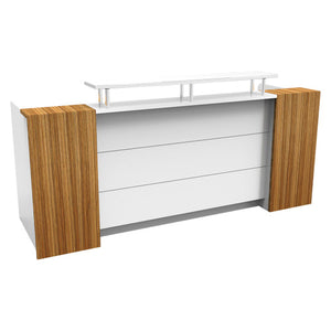 Rapidline Marquee reception counter seen from the visitor side at an angle, gloss white front framed by two Zebra veneer columns, with a raised white top on chrome posts.