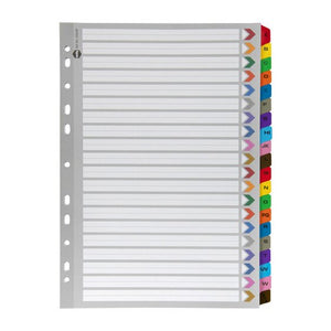 Marbig 35024F A4 divider set in grey manilla board with 20 coloured plastic reinforced tabs lettered A to XYZ and white write-on panels