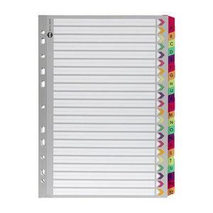 Marbig 36024F A4 divider set in grey manilla board with 22 fluoro reinforced tabs lettered A to YZ in pink, orange, yellow, green and purple