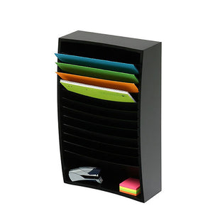 Marbig 86200B tall black desktop sorter with curved sides and stacked angled tiers holding coloured folders and a notebook, with a stapler and sticky notes in the base
