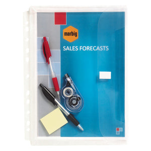 A colourless Marbig A4 binder expanding wallet holding a blue Marbig Sales Forecasts folder, a pen, a correction tape and a sticky note, with a punched strip down the left edge