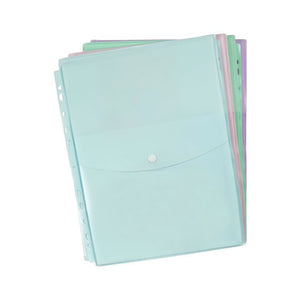 Group of Marbig top opening A4 binder wallets fanned out in pastel blue, pink, green and purple, each with a white button flap