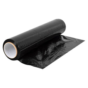 Roll of Marbig Professional black blown hand pallet wrap on a cardboard core, with a length of glossy black film unrolled in front