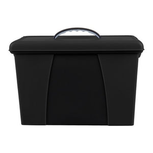 Marbig 89002 black carry case seen from the front, with a grey handle on the lid and curved moulded panels on the body