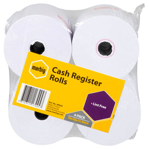 Marbig pack of four cash register rolls with a yellow label reading Cash Register Rolls, Lint Free, 4 Pack 76x76x11.5mm and Ref. No. 49004