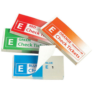 Four Marbig check ticket books in red, green, orange and blue, one opened to show a blue ticket numbered E 1