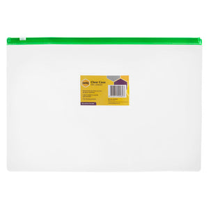Marbig 9008099 A4 clear case with a green zip and a yellow Marbig card in the label holder, lying flat and empty
