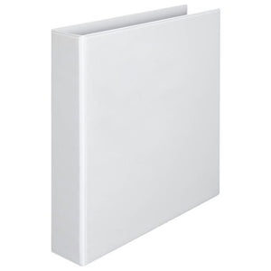 Marbig Clearview 50mm white A4 insert binder at an angle, showing the clear overlay on the front cover and wide spine