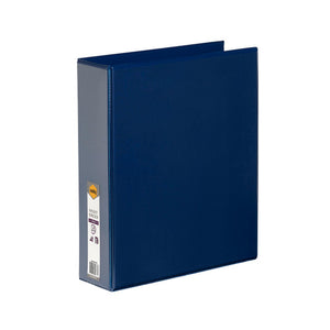 Navy blue Marbig Clearview 50mm A4 insert binder at an angle with the white Marbig spine label