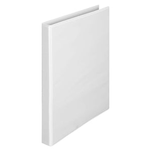 Slim white Marbig Clearview A4 insert binder standing at an angle, plain white front cover and narrow 19mm spine