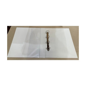 The open mechanism of a white Marbig Clearview A3 portrait insert binder photographed from above, showing four D shaped rings evenly spaced along a metal rail with the clear inside cover sleeves either side.