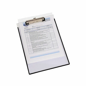 Marbig Clearview A4 clipboard, a clear board with a dark edge, holding a checklist under its silver clip