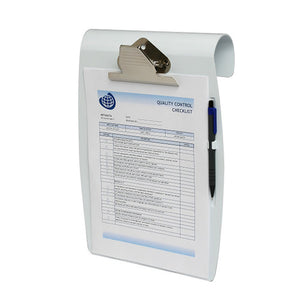 White Marbig Hang It A4 clipboard 4420008 with its curved top edge rolled over, a metal lever clip holding a quality checklist and a pen in the side holder