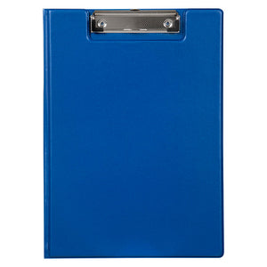 Blue Marbig A4 clipfolder shown closed from the front, its chrome clip visible where the top of the cover is cut away