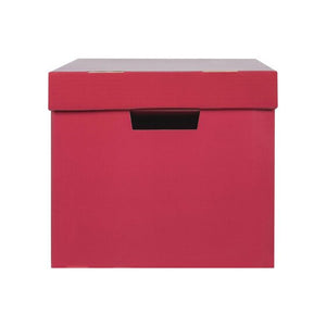 Front of a Marbig berry red archive box with the lid on and a hand hole cut through the front panel and lid edge
