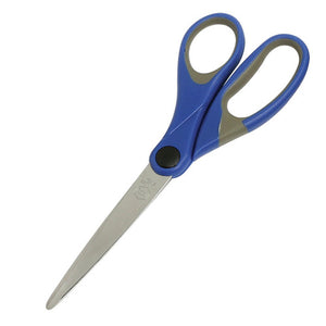 Single pair of scissors with blue handles, grey grip panels and a black pivot, blades angled down to the left, for the Marbig Comfort Grip Scissors 182mm Blue, code 975420