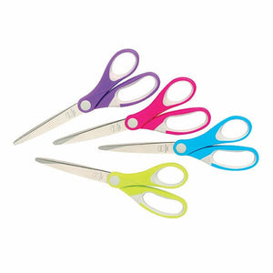 Four Comfort Grip scissors fanned out with purple, pink, blue and lime handles and pale grey inner grips, the assortment photograph for the 210mm code 975431