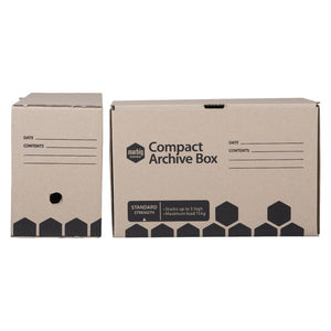 Two Marbig Compact Archive Boxes, one showing the end panel with a finger hole and one the long front with its Standard Strength panel