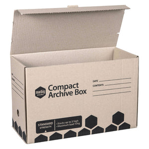 Marbig Compact Archive Box in brown board with its hinged lid open, showing the Standard Strength panel, stacks up to 5 high and maximum load 15kg