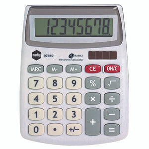 Marbig 97640 compact silver desktop calculator with a tilted 8 digit display, solar cell beside the logo and cream number keys