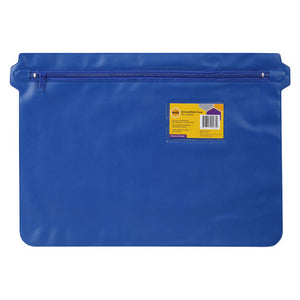 Blue PVC Marbig 9007001 convention case, 415 x 305mm, with a zip across the top and a yellow label card reading Convention Case in the front label holder.