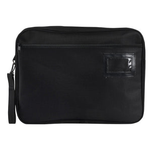 Black Marbig 9008402 expanding convention satchel in fabric, with a zip across the upper front panel, a clear business card window and a strap fixed at the left side with a clip.